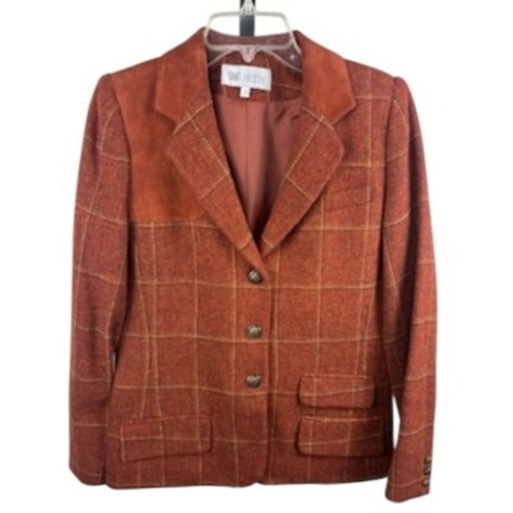 Vintage Worth Wool Plaid Blazer Jacket Suede Trim Orange Brown Size 6 Equestrian
